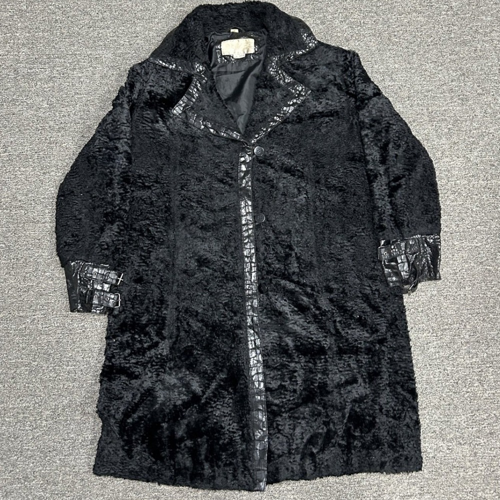 Onstage Faux Fur Coat Womens Large Black Crocodile Trim Belted Cuffs Longline